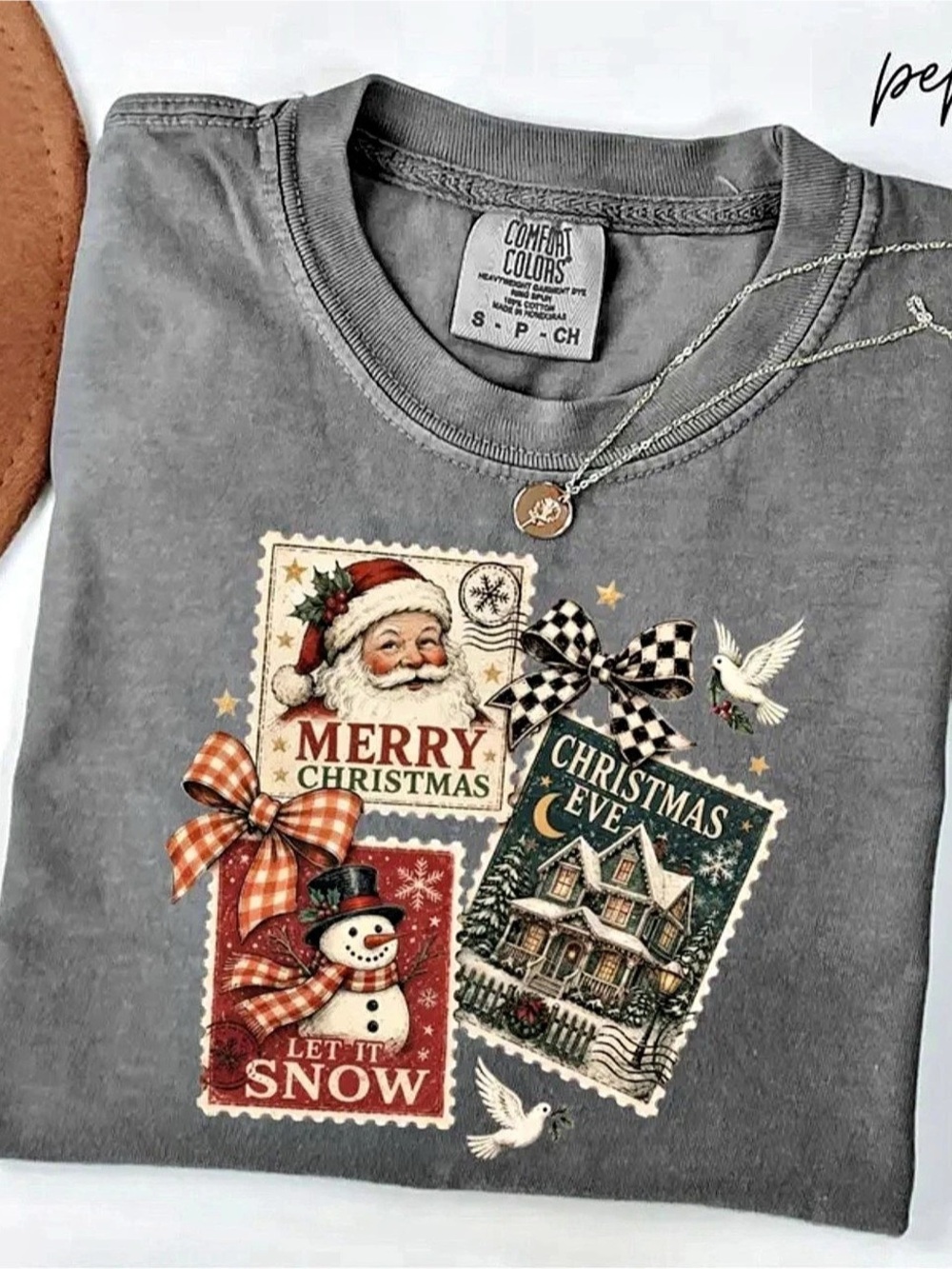 Comfort Colors Heavyweight Ring Spun T-Shirt Retro Christmas Stamps Graphic Tee